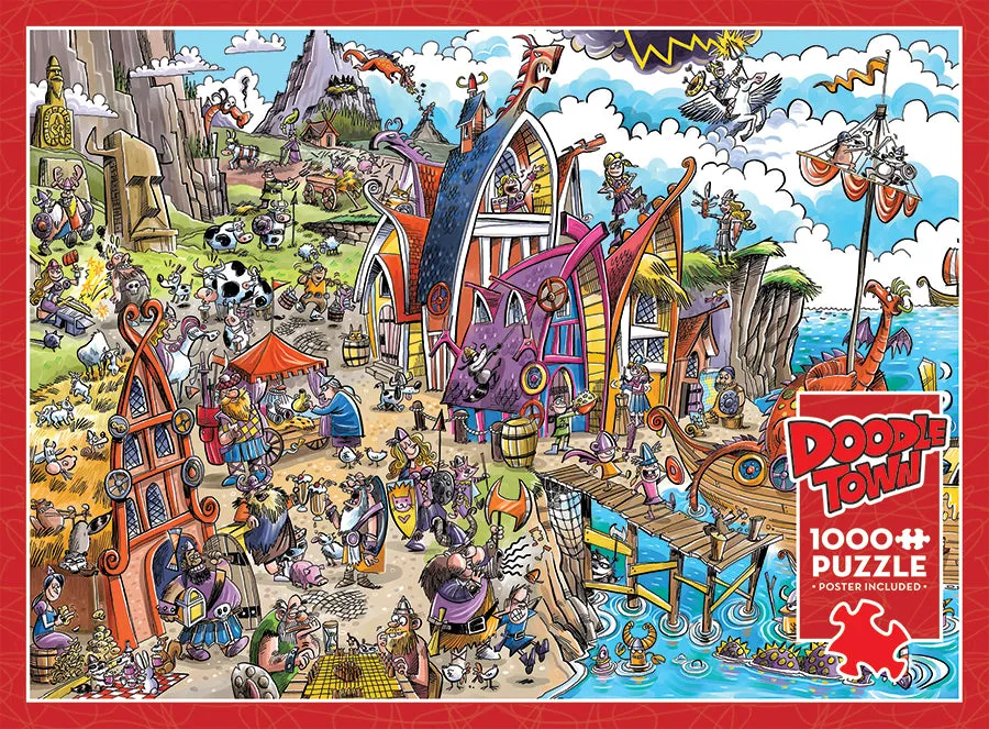 Cobble Hill DoodleTown Viking Village puzzle 1000 piese caricatură
