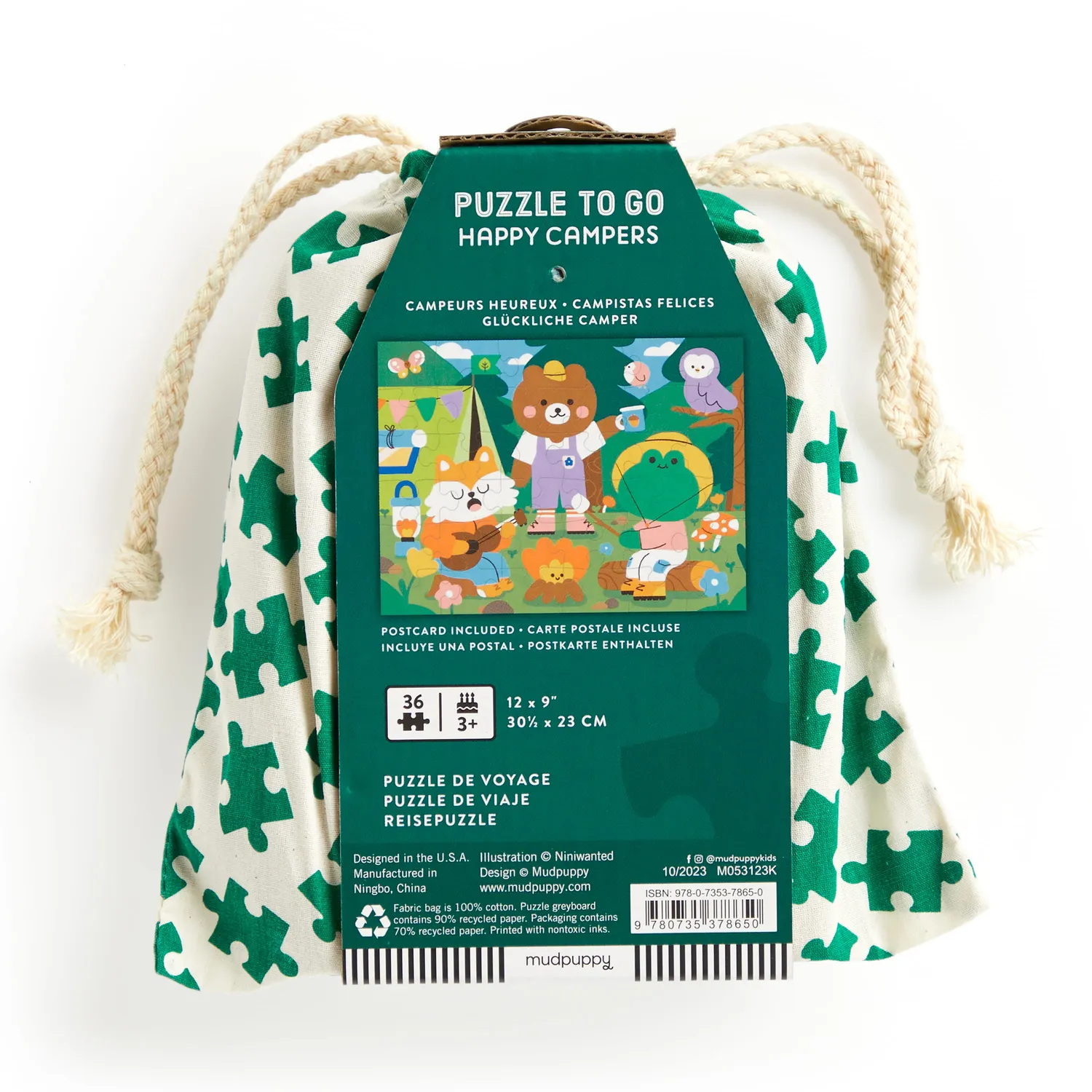 Mudpuppy Happy Campers 36 puzzle calatorie saculet bumbac