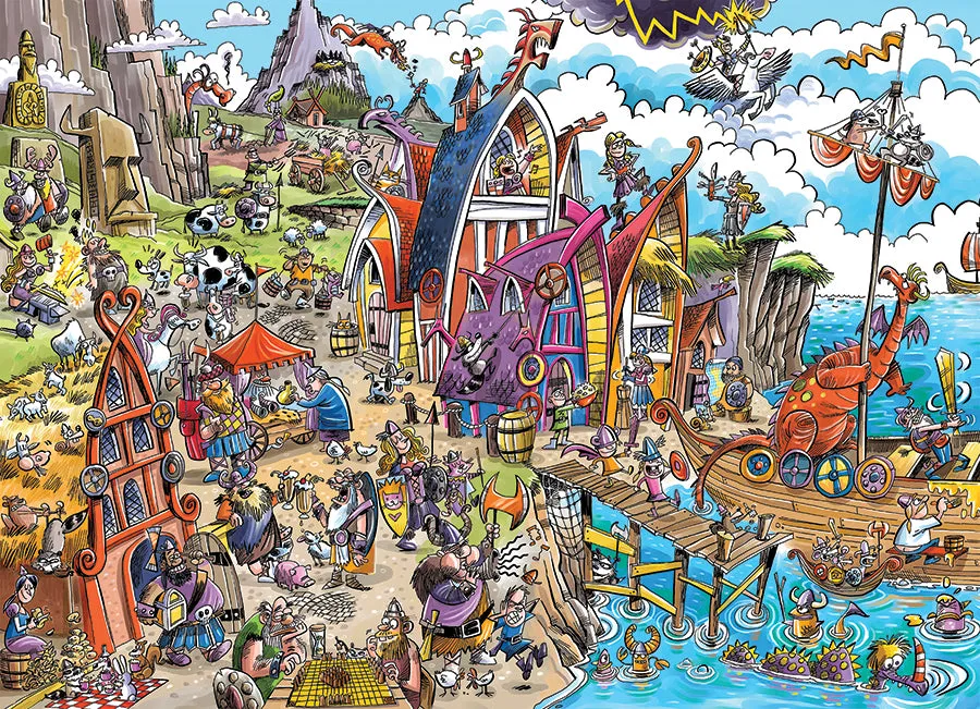 Cobble Hill DoodleTown Viking Village puzzle 1000 piese caricatură