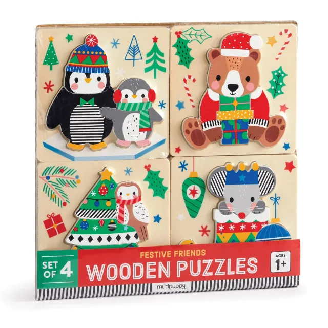 Mudpuppy Festive Friends Set 4 puzzle lemn 12 piese Craciun