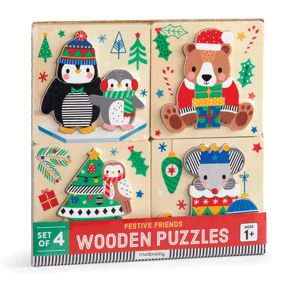 Mudpuppy Festive Friends Set 4 puzzle lemn 12 piese Craciun