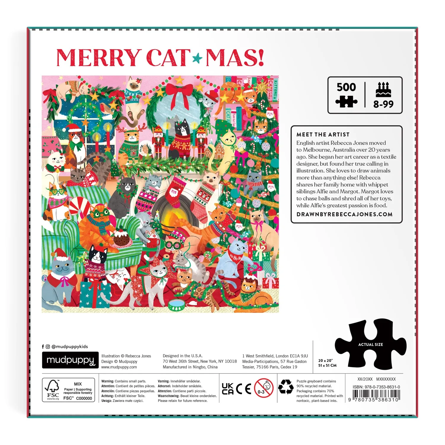 Mudpuppy Merry Catmas puzzle 500 piese pisici Crăciun
