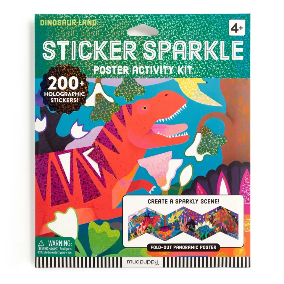 Mudpuppy Dinosaur Land poster cu 200 stickere sclipici