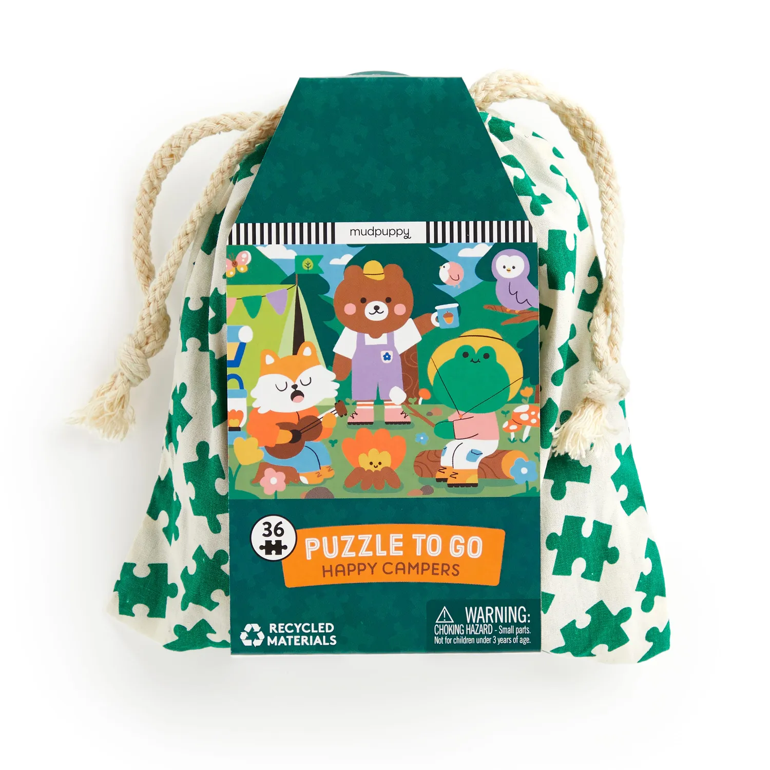 Mudpuppy Happy Campers 36 puzzle calatorie saculet bumbac