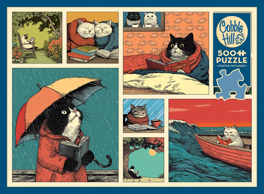 Cobble Hill Cats Chillin with Books puzzle 500 piese pisici