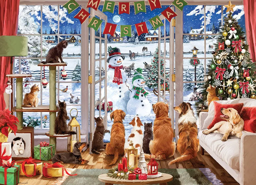Cobble Hill Christmas Visitors puzzle 1000 piese cu pisici și câini