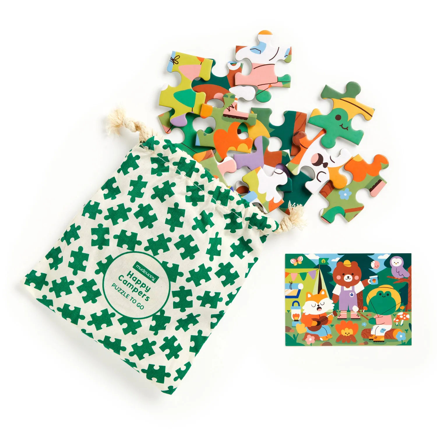 Mudpuppy Happy Campers 36 puzzle calatorie saculet bumbac