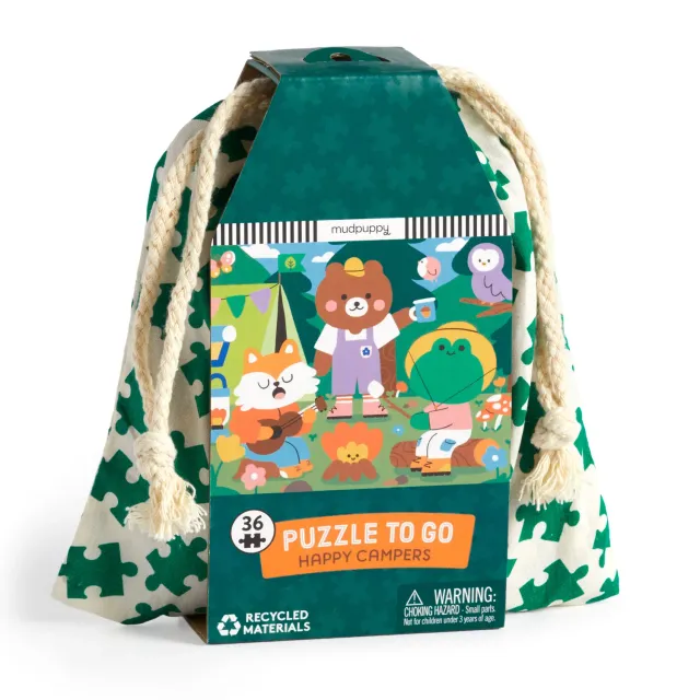 Mudpuppy Happy Campers 36 puzzle calatorie saculet bumbac
