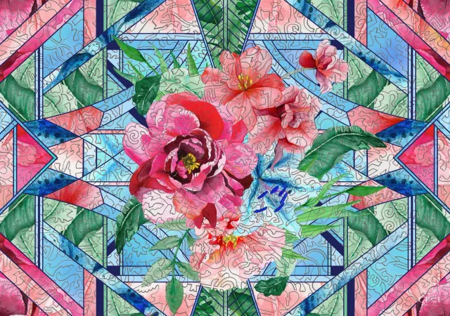 Mosaic Puzzles Stained Glass Peony puzzle lemn 500 piese flori