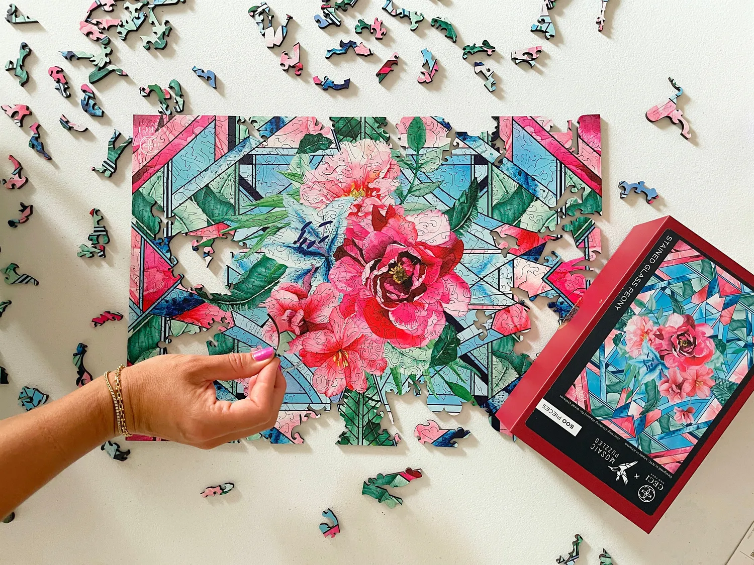 Mosaic Puzzles Stained Glass Peony puzzle lemn 500 piese flori