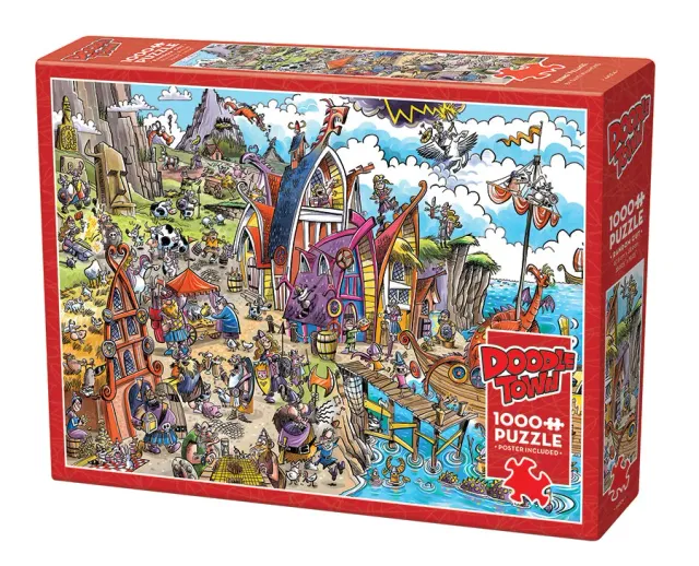 Cobble Hill DoodleTown Viking Village puzzle 1000 piese caricatură