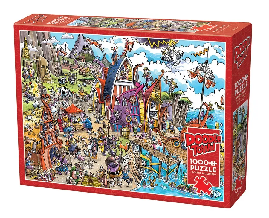 Cobble Hill DoodleTown Viking Village puzzle 1000 piese caricatură