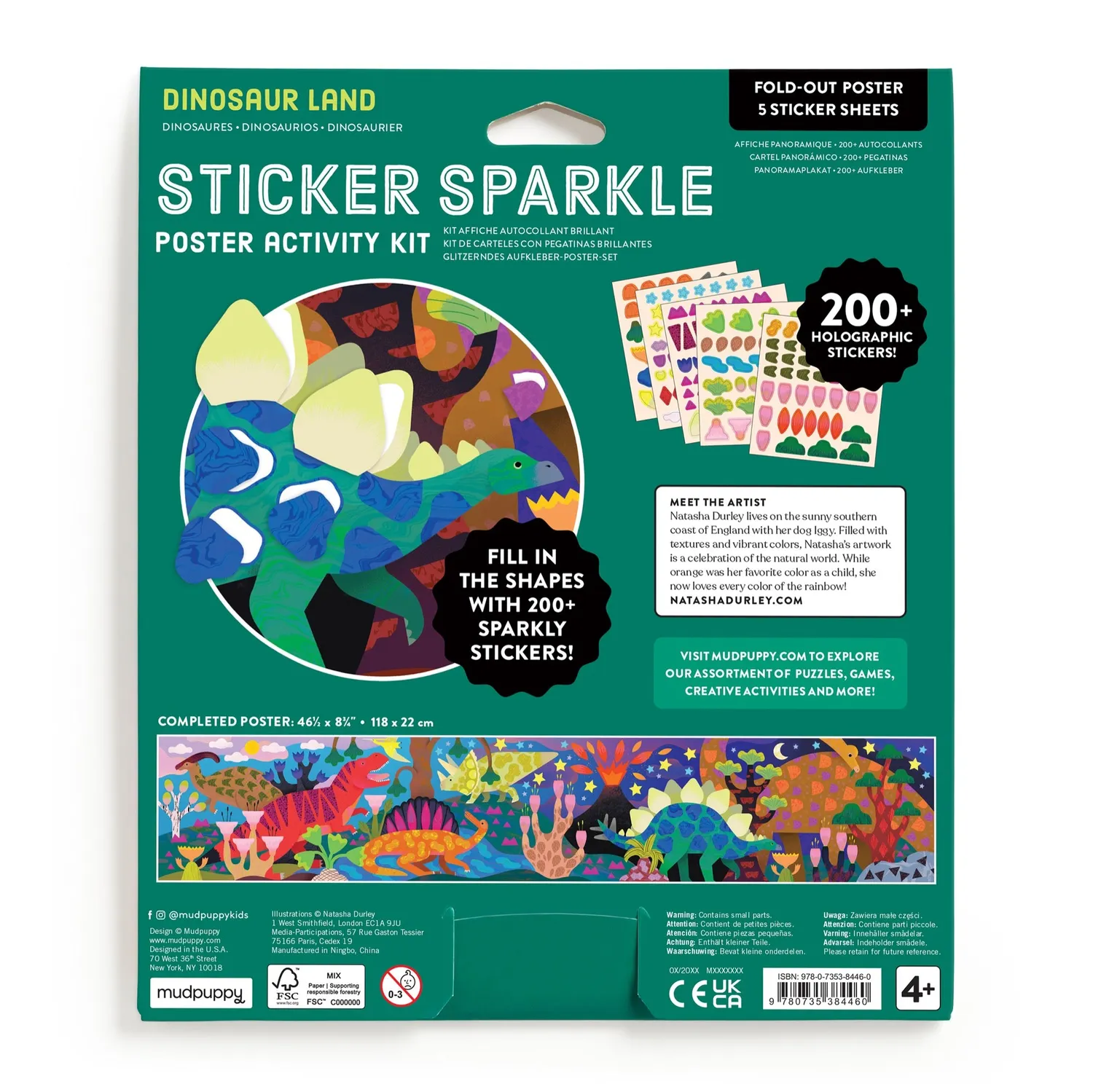 Mudpuppy Dinosaur Land poster cu 200 stickere sclipici