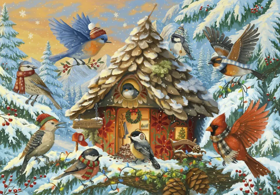 Mosaic Puzzles A Cozy Winter's Nest puzzle 50 piese copii păsări
