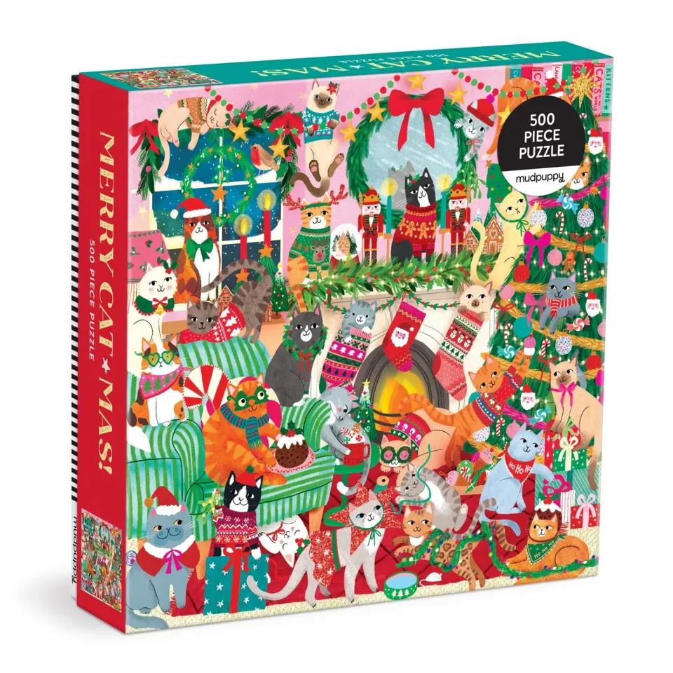 Mudpuppy Merry Catmas puzzle 500 piese pisici Crăciun