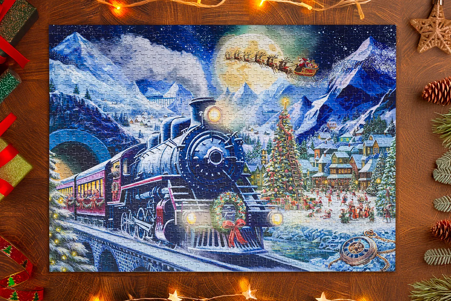 Mosaic Puzzles Traditions Midnight on the Christmas Express puzzle 1000 piese de Crăciun