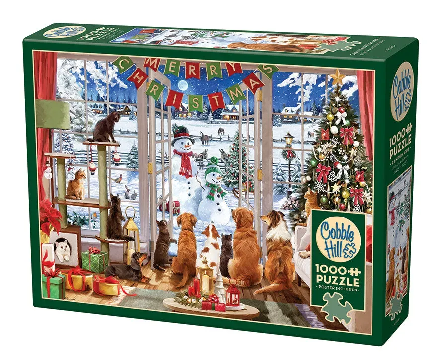 Cobble Hill Christmas Visitors puzzle 1000 piese cu pisici și câini