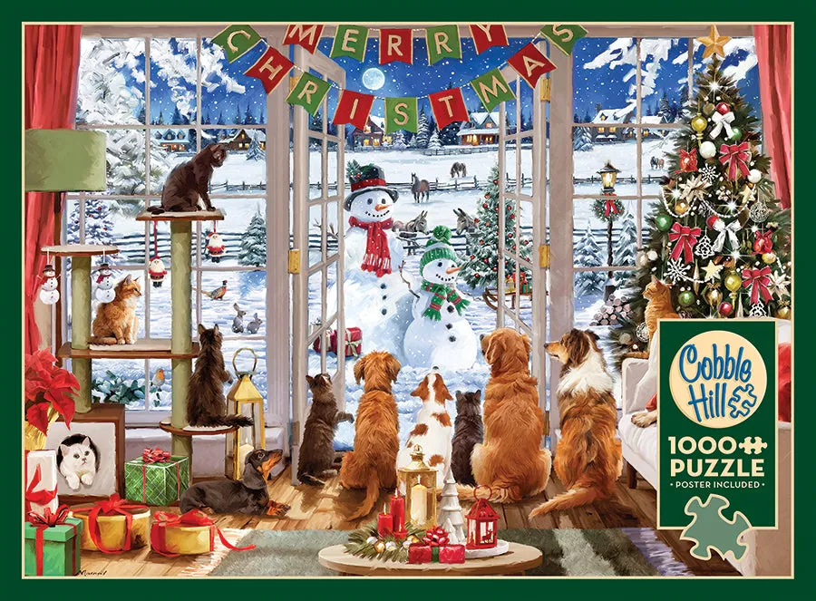 Cobble Hill Christmas Visitors puzzle 1000 piese cu pisici și câini