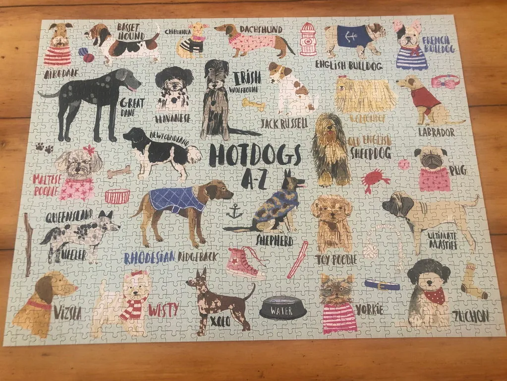 Mudpuppy Hot Dogs A-Z puzzle 1000 piese caini