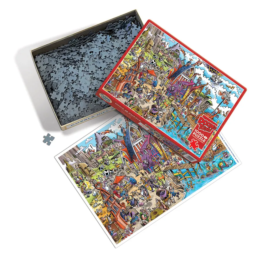 Cobble Hill DoodleTown Viking Village puzzle 1000 piese caricatură