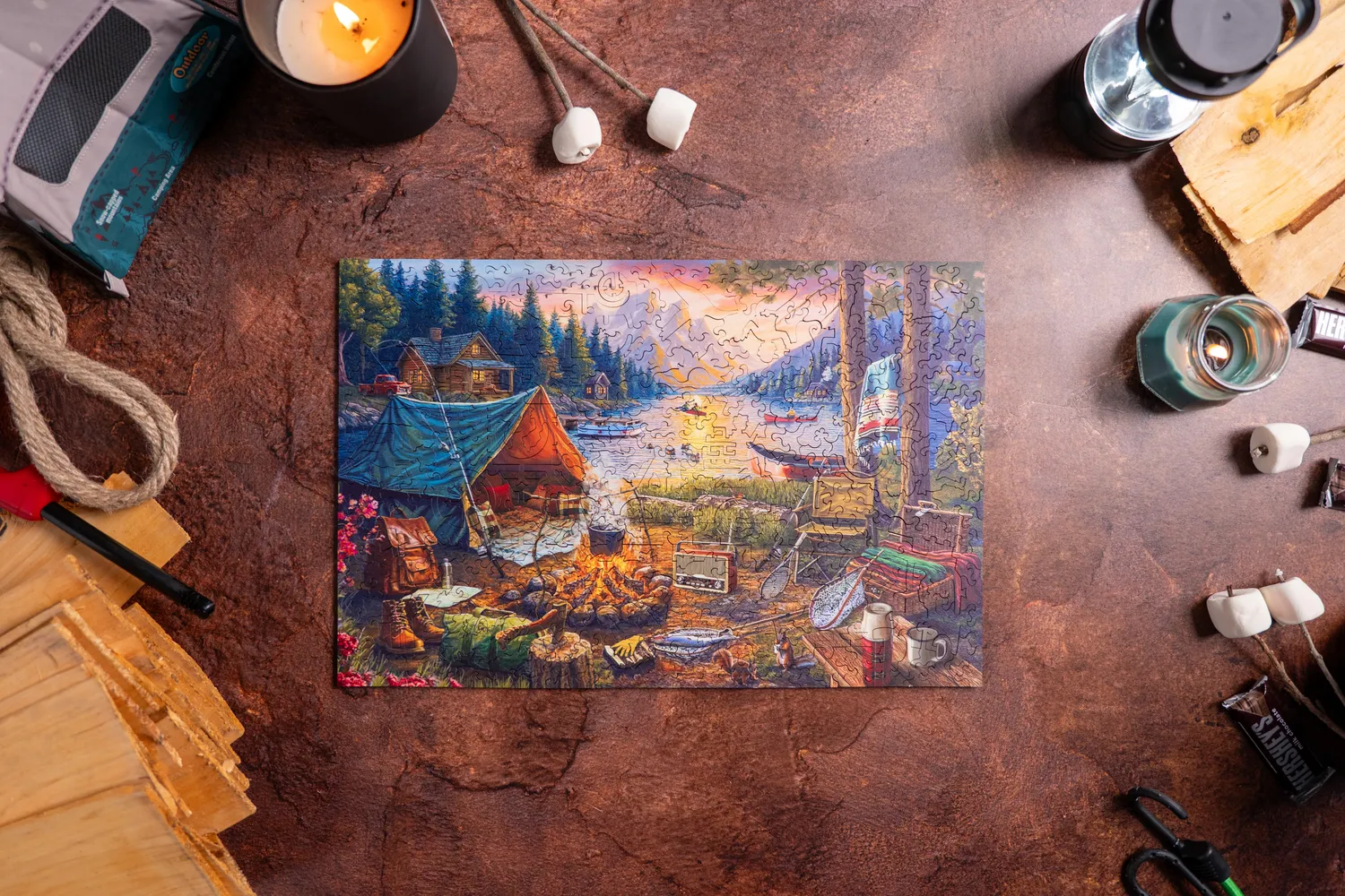 Mosaic Puzzles Casting by the Campfire puzzle lemn 500 piese pescuit
