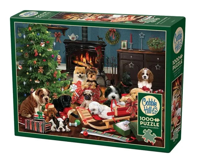 Cobble Hill Christmas Puppies puzzle 1000 piese catei Craciun