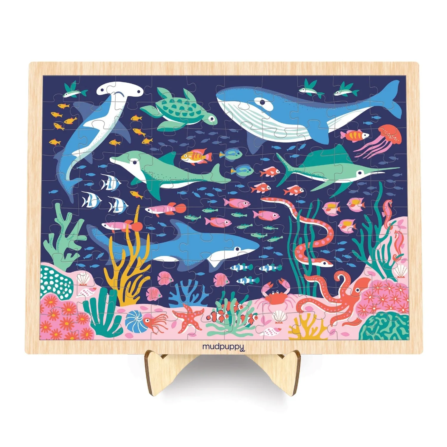 Mudpuppy Ocean Life puzzle lemn 100 piese cu suport