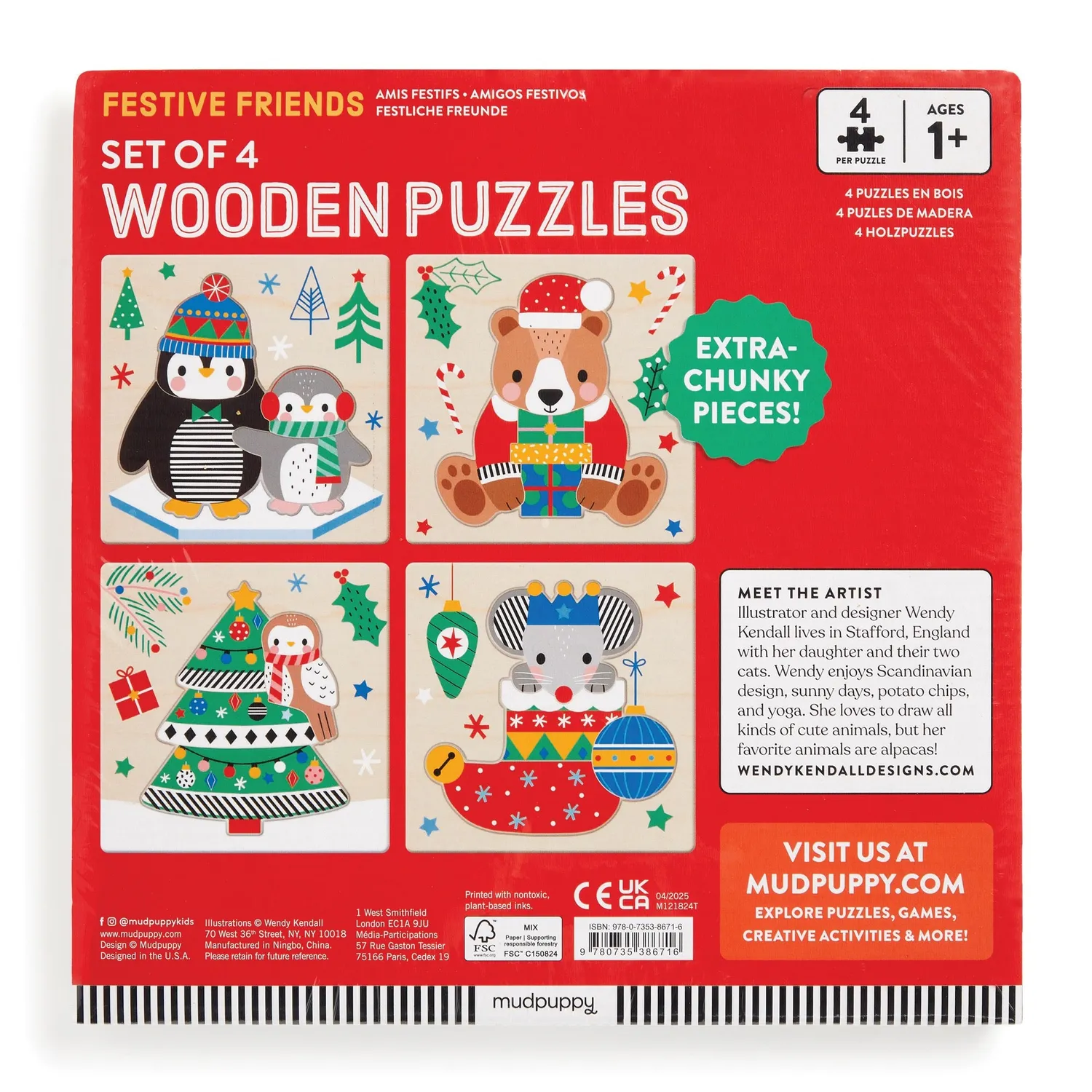 Mudpuppy Festive Friends Set 4 puzzle lemn 12 piese Craciun