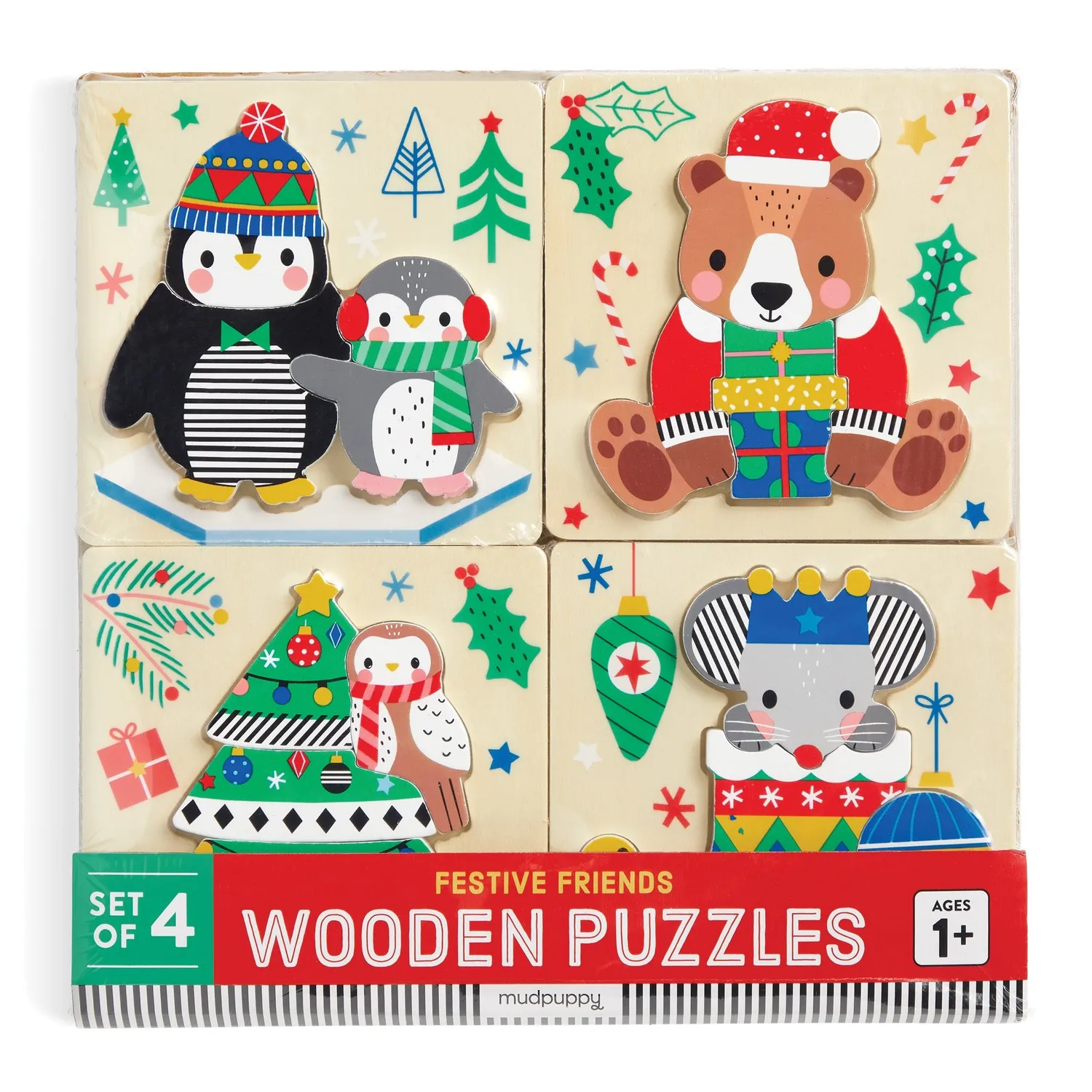 Mudpuppy Festive Friends Set 4 puzzle lemn 12 piese Craciun