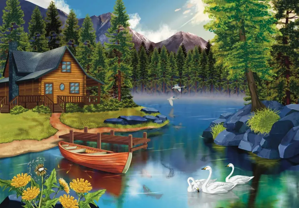 Mosaic Puzzles Blue Lake Cabin puzzle lemn 500 piese lac