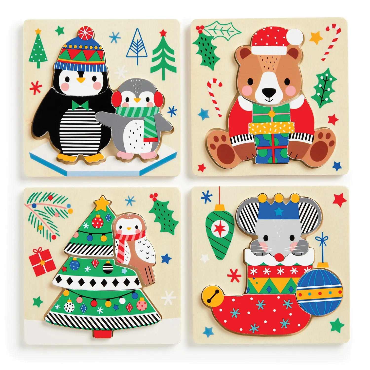 Mudpuppy Festive Friends Set 4 puzzle lemn 12 piese Craciun